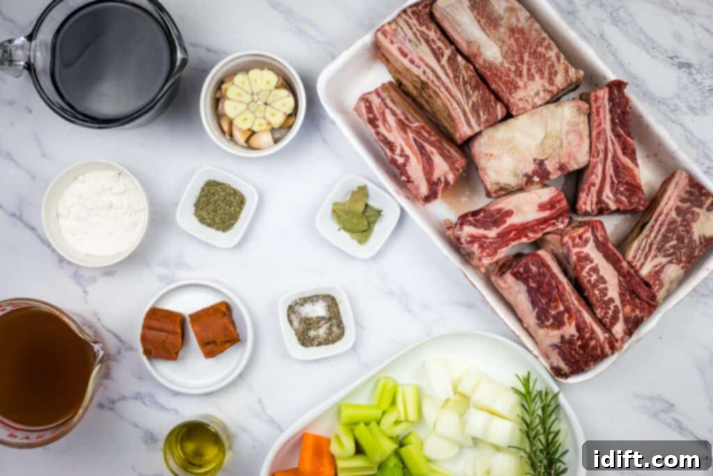 All the fresh and pantry ingredients laid out to make delicious garlic braised short ribs.