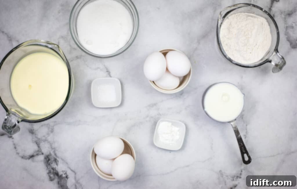 All the necessary ingredients laid out for baking Eggnog Tres Leches Cake.