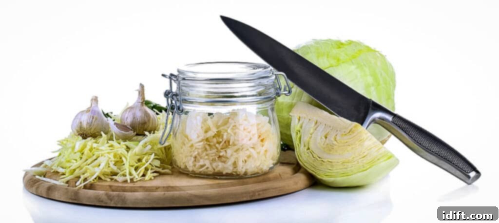 A knife poised above a cutting board with diced apples and onions, ready to be added to sauerkraut and bacon mixture.