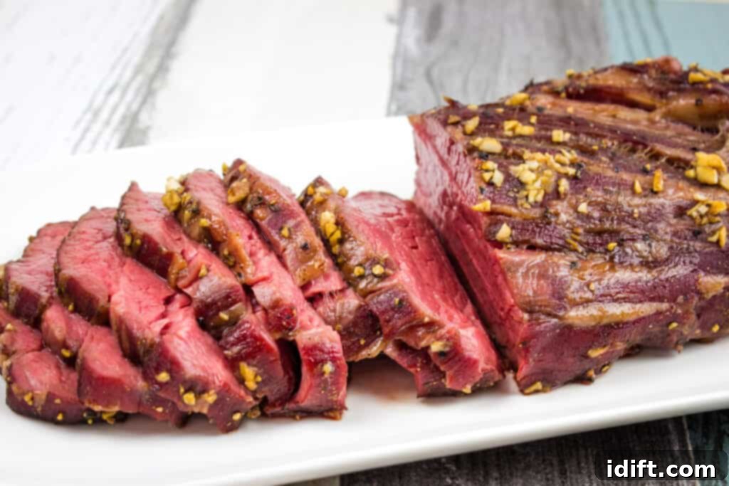 Sliced Smoked Beef Tenderloin on a white platter.