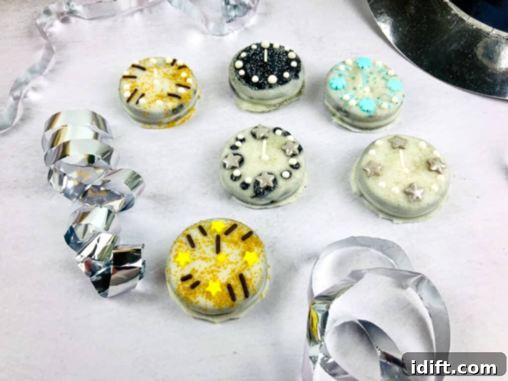 A collection of beautifully decorated New Year's Eve cookies, featuring various sprinkle patterns and colors, showcasing the endless creative possibilities.