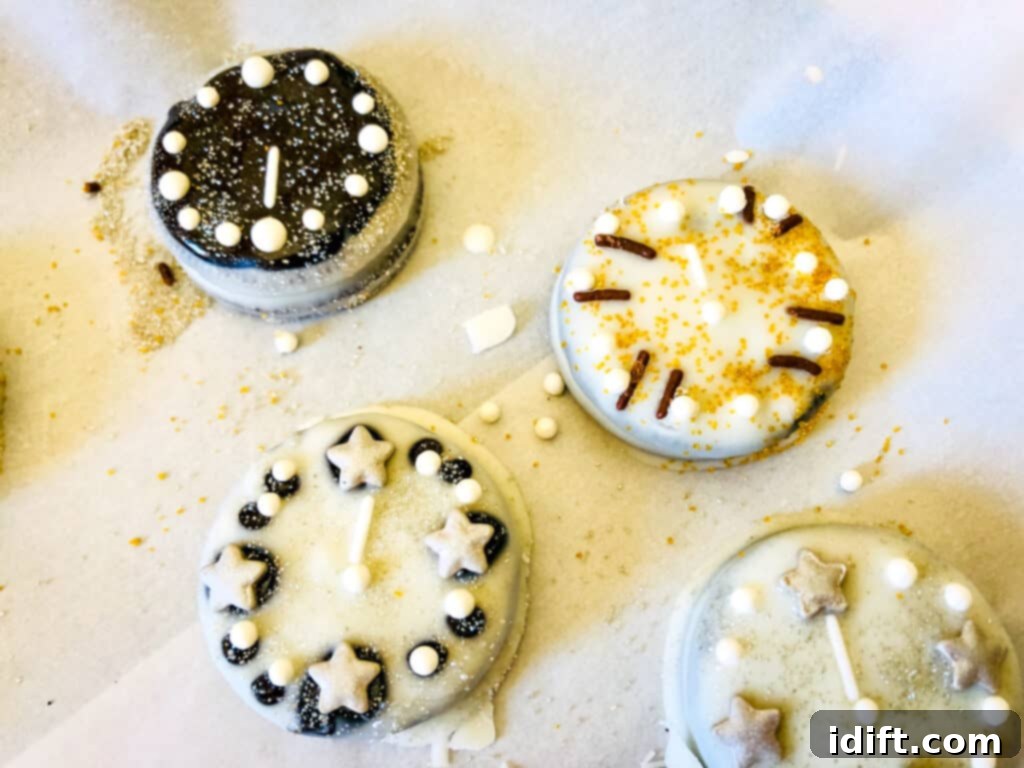 A close-up of a hand dipping an Oreo cookie into melted white chocolate, demonstrating the dipping technique.