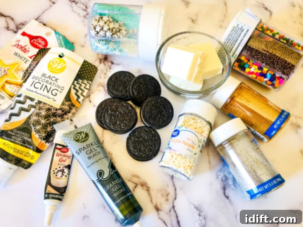 All the ingredients laid out: Oreo cookies, white chocolate melting wafers, coconut oil, and various festive sprinkles, ready for cookie decorating.