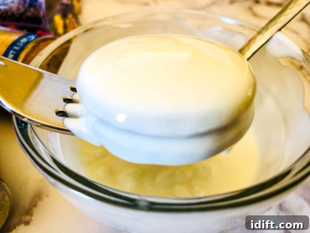 A cookie on a fork being carefully dipped into a bowl of melted white chocolate, ensuring an even and complete coating.