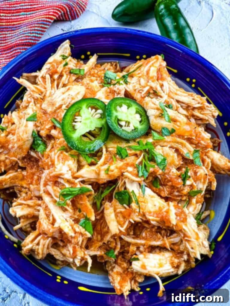 Easy Instant Pot Chicken Tinga 3 a closeup of chicken tinga instant pot in a serving dish, with fresh cilantro