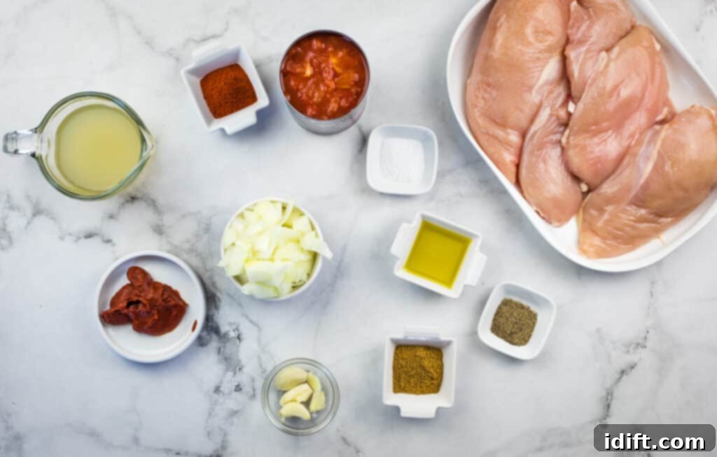 Easy Instant Pot Chicken Tinga 4 Ingredients laid out for making chicken tinga instant pot.