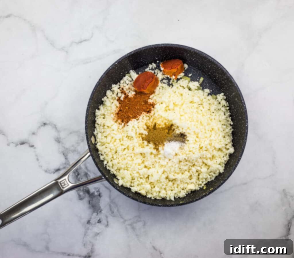 Hearty Vegan Mexican Grain Bowl 5 Add remaining ingredients to skillet to make vegan Mexican cauliflower rice