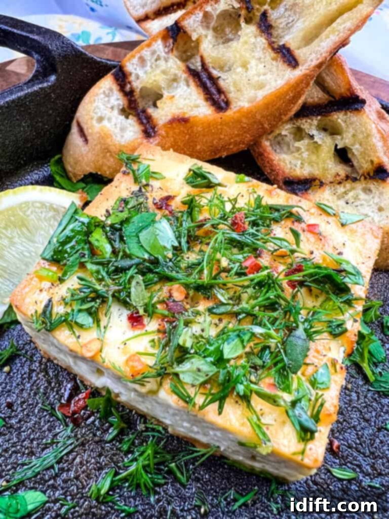 closeup of grilled feta with grilled bread in the background