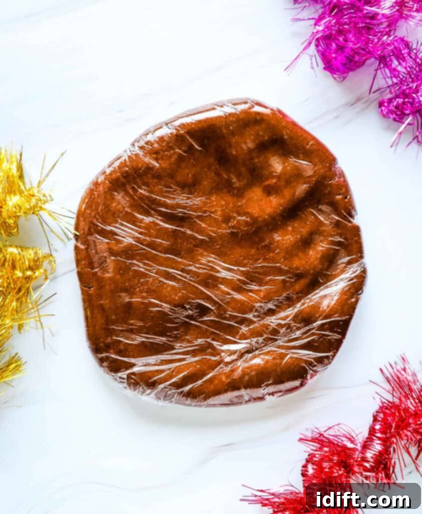 Chilled chocolate gingerbread dough wrapped in plastic wrap.