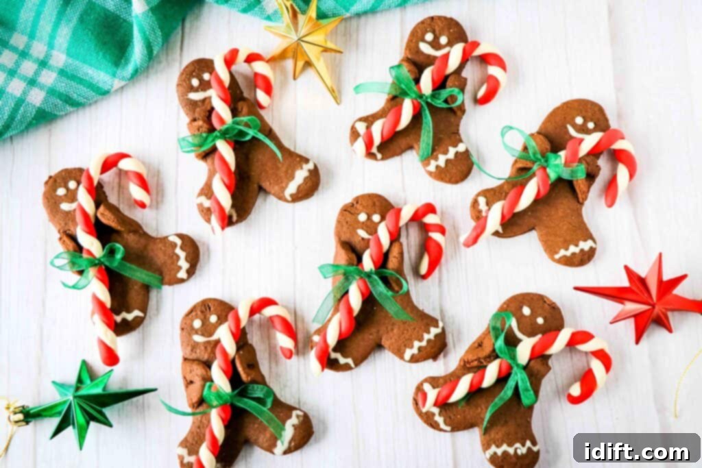 Beautifully decorated chocolate gingerbread cookies holding tiny candy canes, arranged on a white festive table.