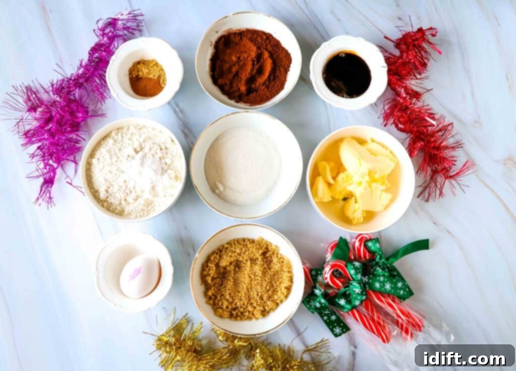 ingredients to make chocolate gingerbread men cookies, neatly arranged on a counter
