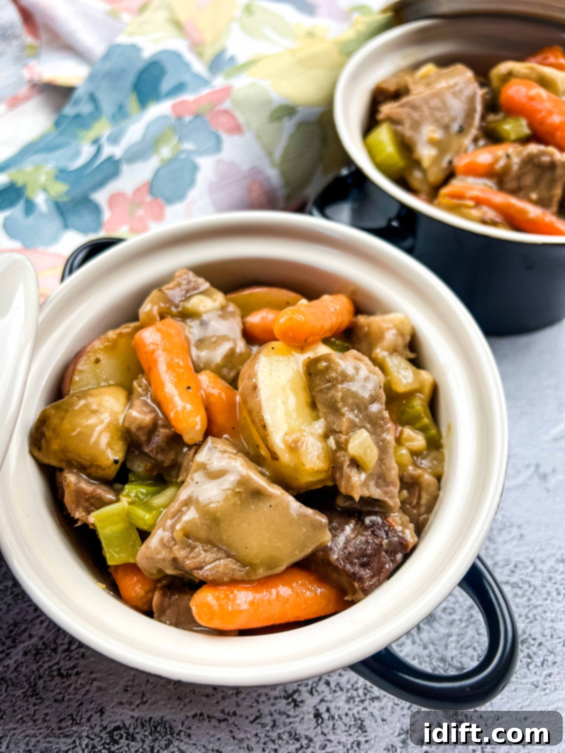 A heartwarming bowl of Leftover Roast Beef Stew, garnished with fresh herbs.
