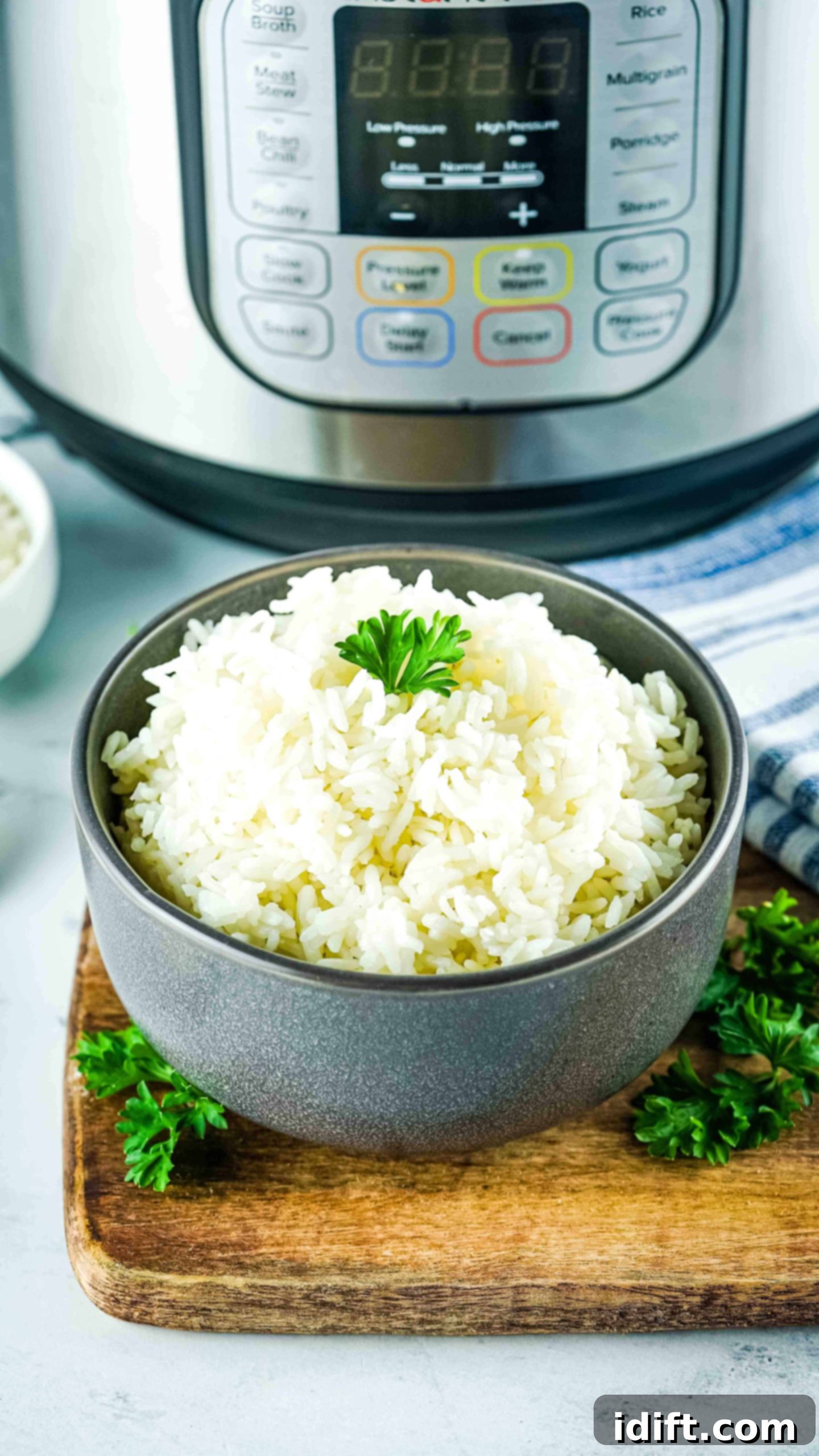 Foolproof Instant Pot Rice 2 A beautifully presented bowl of fluffy white rice, ready to be served, with an Instant Pot visible in the background.