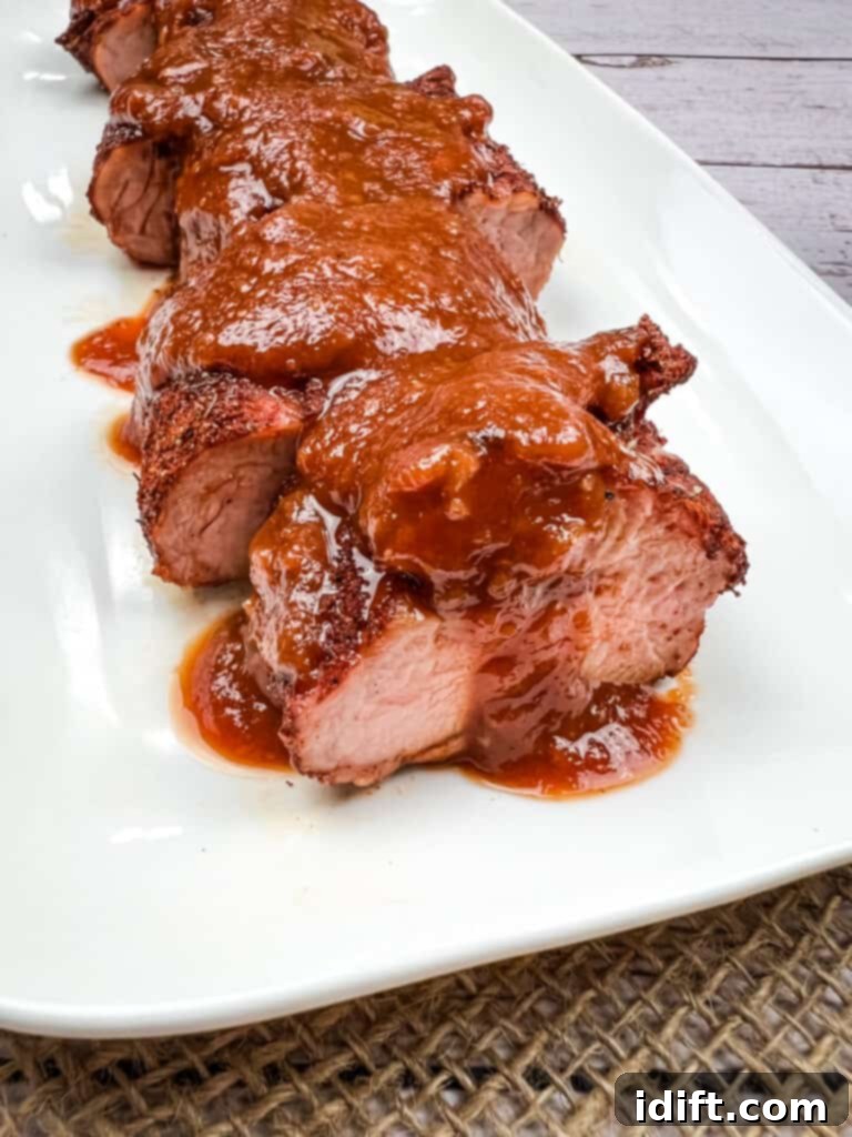 Chipotle Bourbon BBQ Sauce 7 Chipotle Bourbon Barbecue Sauce generously drizzled over a perfectly cooked pork tenderloin slice, garnished with fresh herbs on a plate.