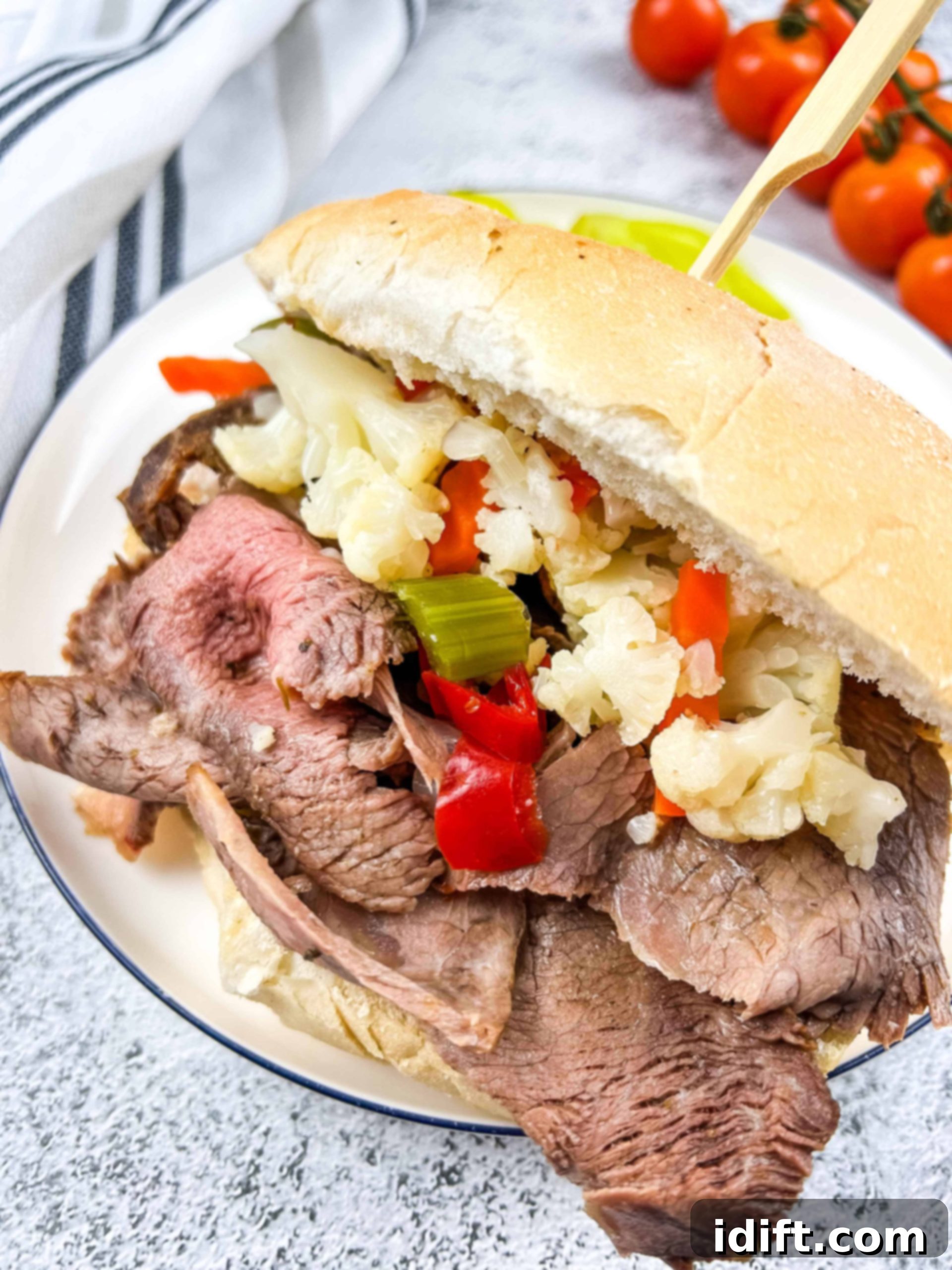 Easy Instant Pot Italian Beef Sandwiches 2 Italian beef sandwich on a crusty roll