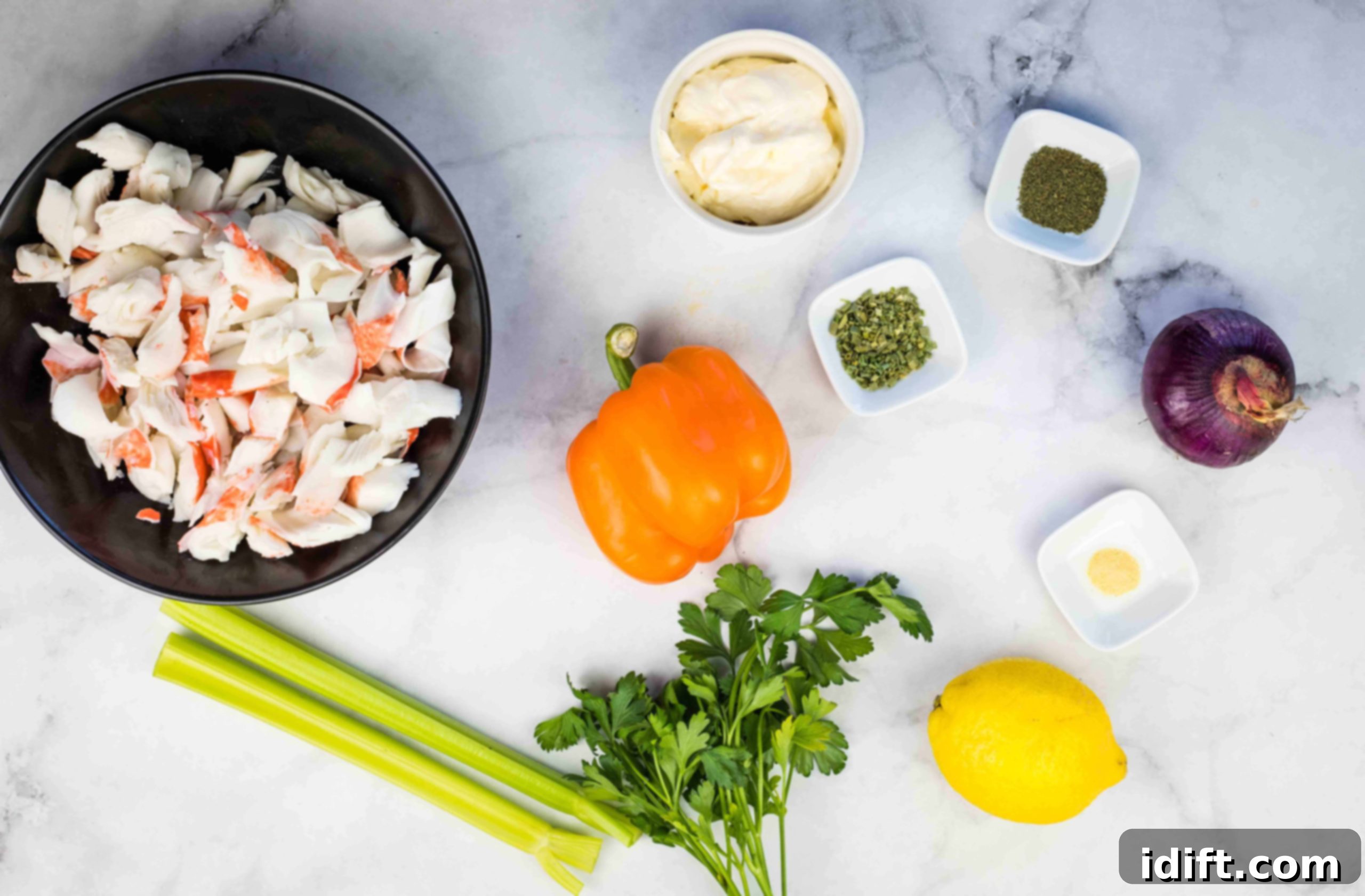 Gourmet Seafood Medley 4 All the fresh ingredients laid out before making seafood salad.