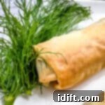Spanakopita roll on a plate with dill.