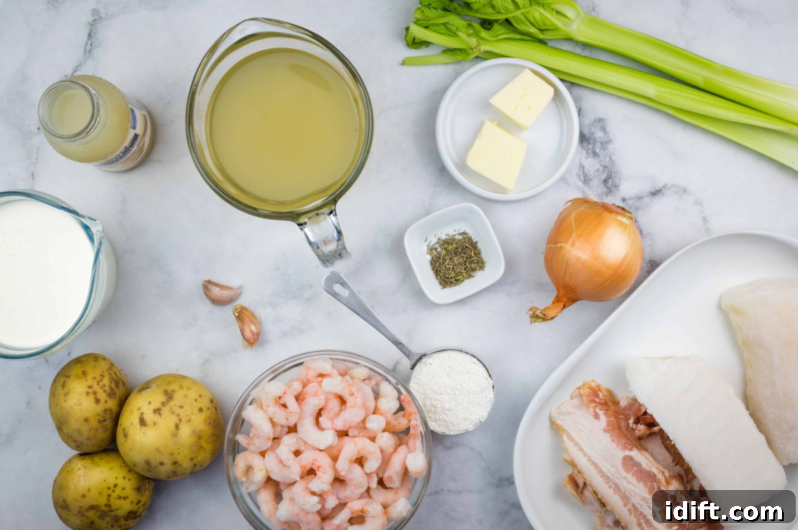Ingredients to make seafood chowder.