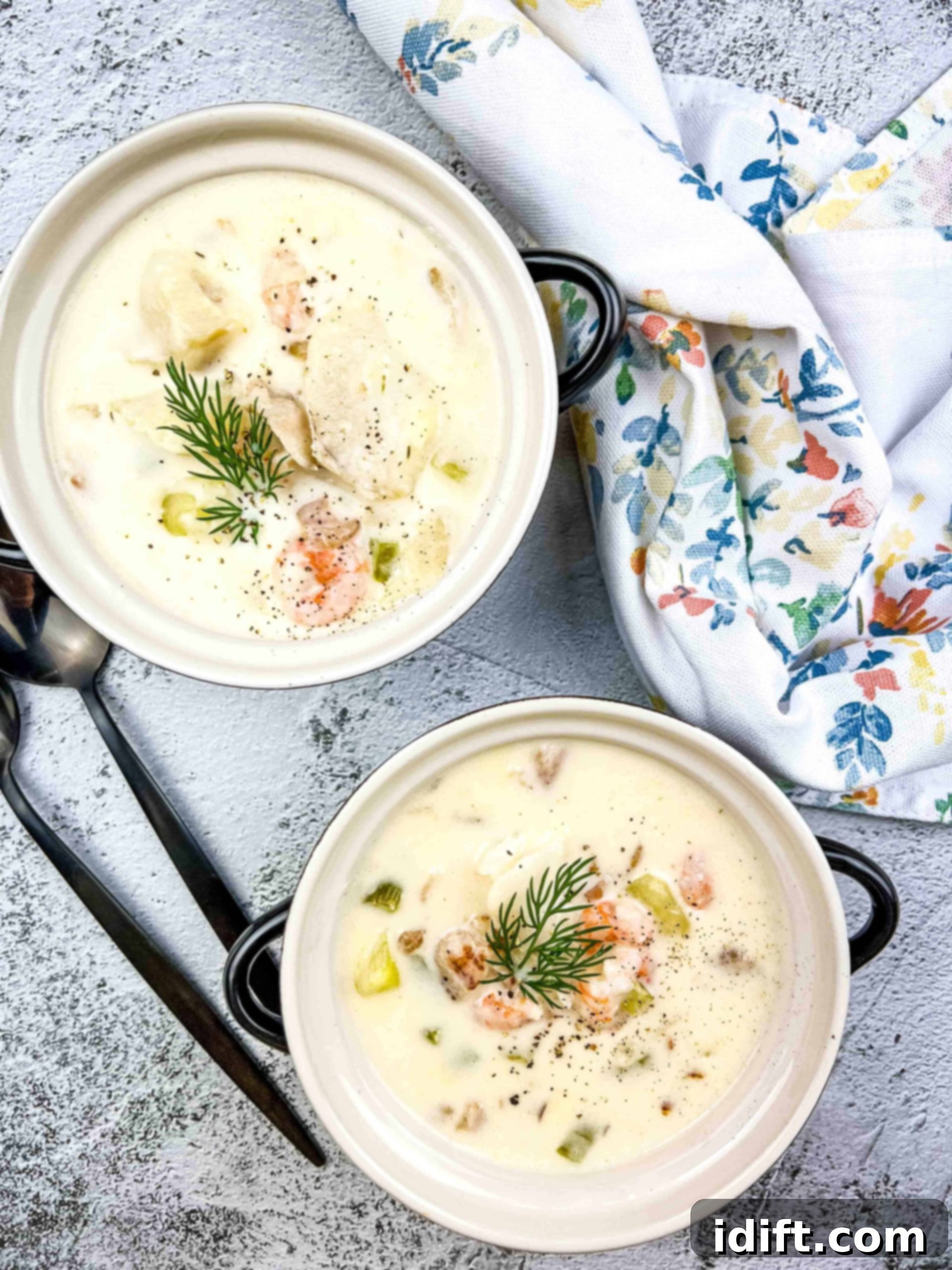 Finished seafood chowder with crispy bacon.