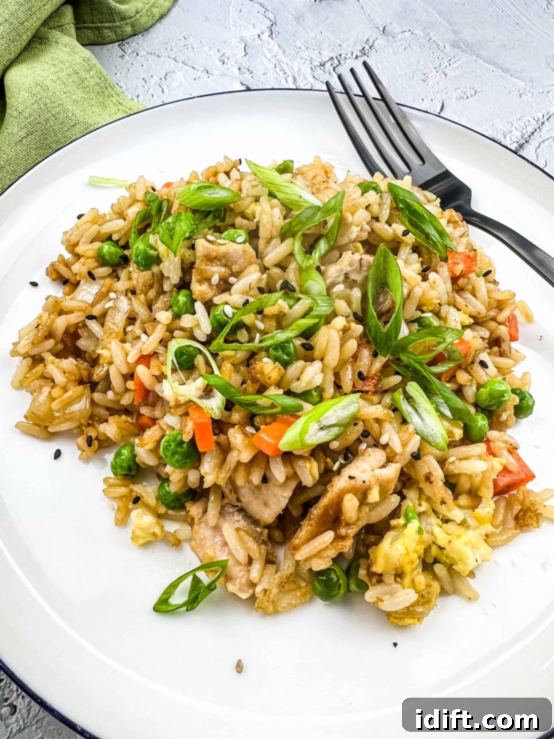 A freshly made plate of chicken fried rice from the Blackstone griddle, garnished and ready to eat.