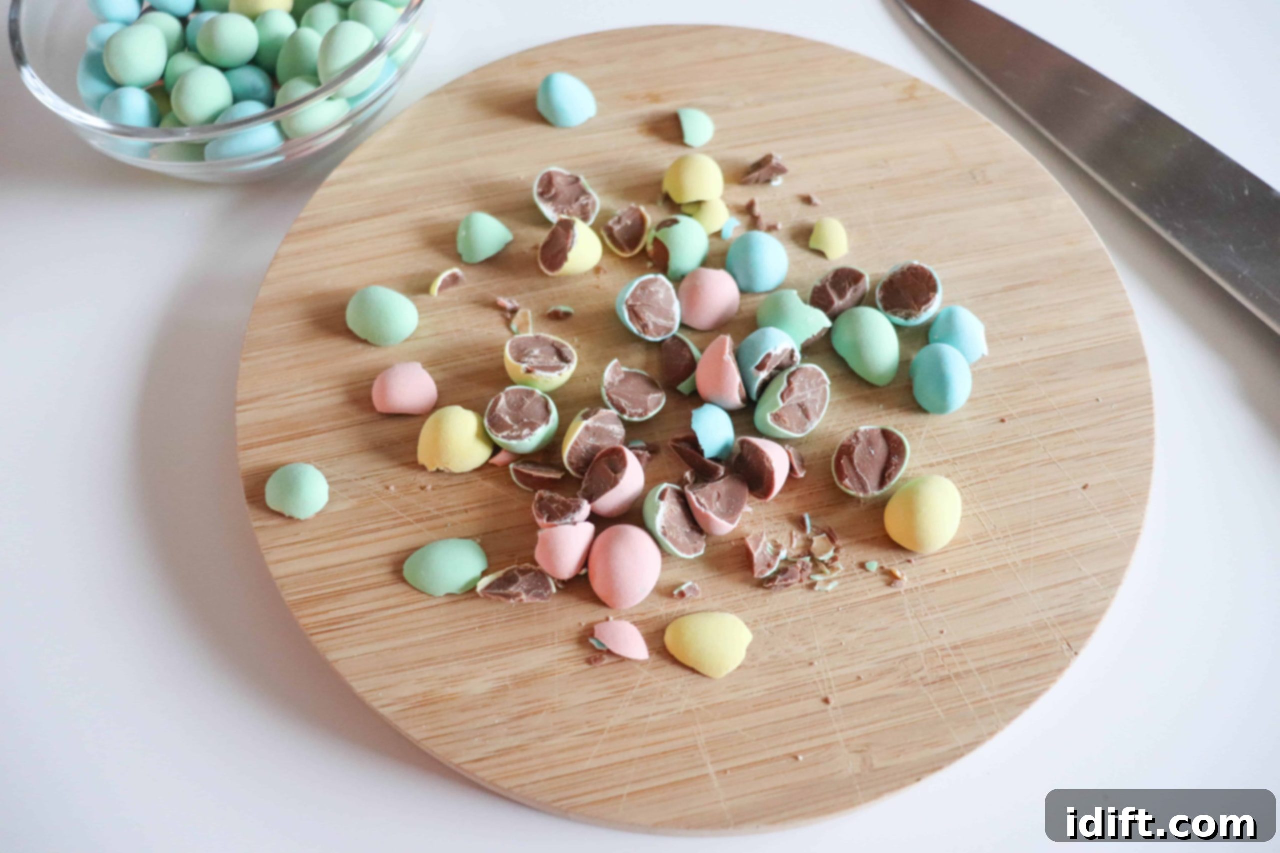 Crushed mini eggs in a bowl ready to top mini egg cookies