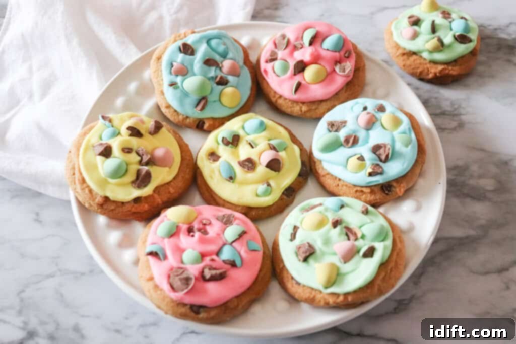 A large platter filled with colorful Chocolate Chip Mini Egg Cookies, ready to be served.