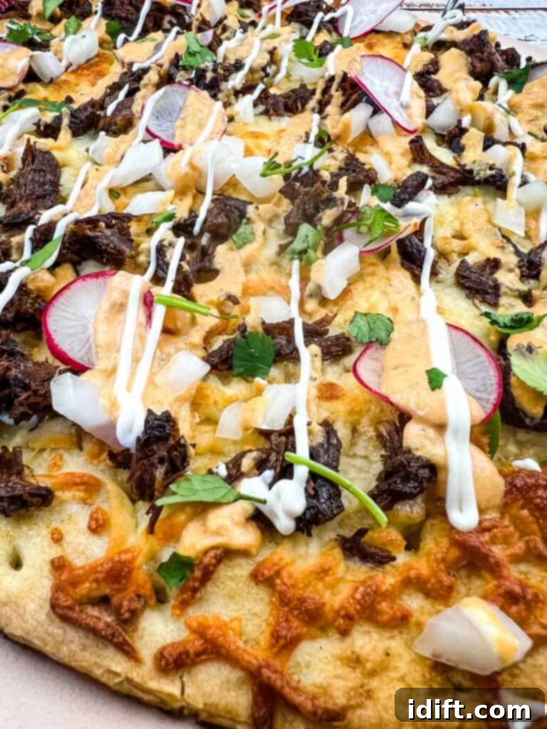 a closeup of birria pizza