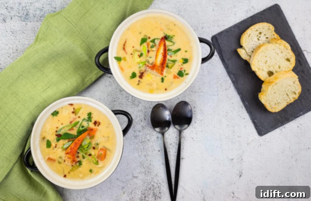 Two generous bowls of creamy lobster chowder, accompanied by slices of crusty bread, inviting a warm and comforting meal.
