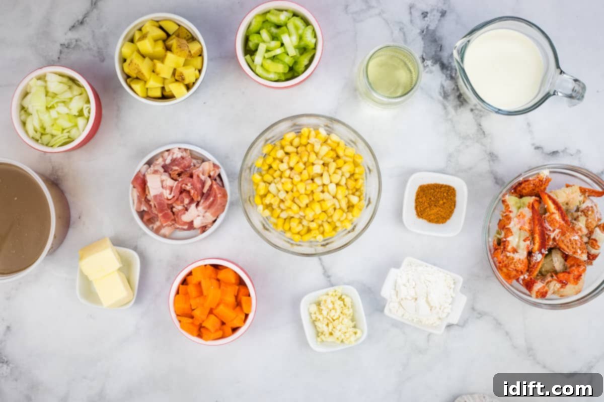 All the fresh ingredients laid out on a wooden board, ready to be prepared for the lobster chowder recipe.