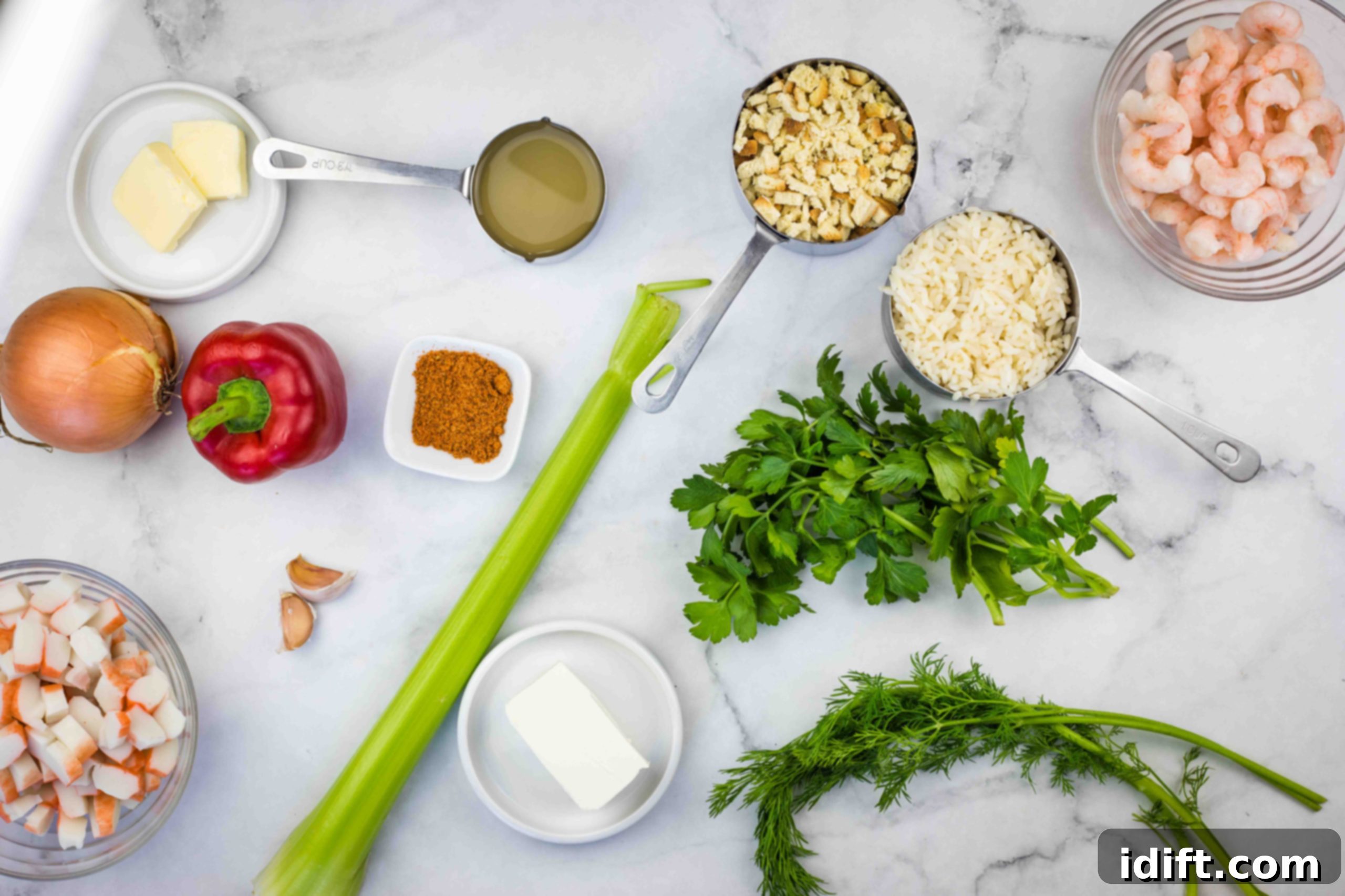 Ingredients to make seafood dressing, laid out on a counter