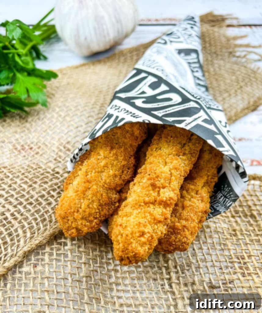 Crispy Air Fryer Chicken Fries 6 Air fryer chicken fries served in a paper cone, ready for dipping