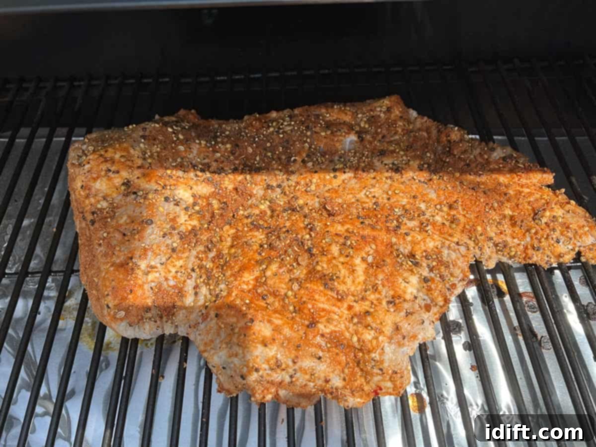rubbed brisket on the smoker grates