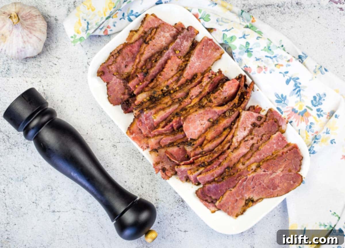 sliced pastrami on a white platter, ready to be served