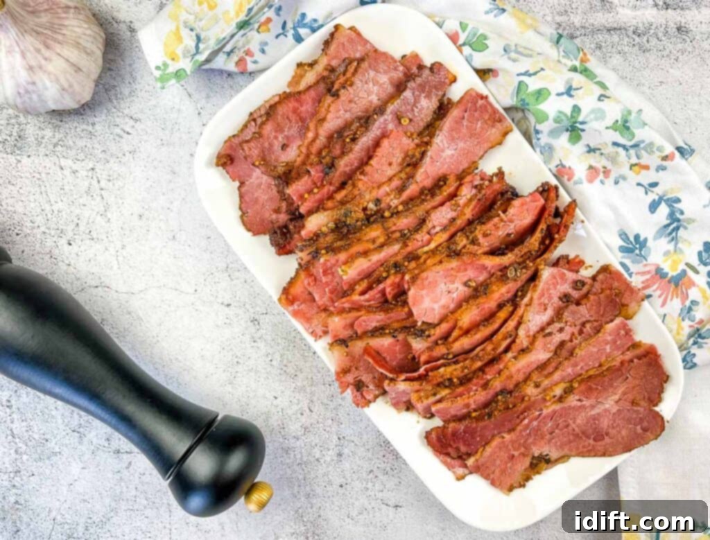 homemade pastrami on a white platter, expertly sliced and ready to serve
