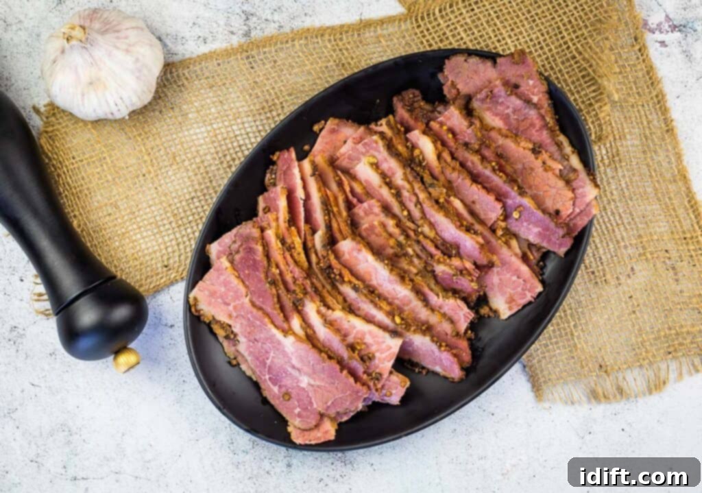 sliced pastrami on a black plate, showcasing thin, even cuts