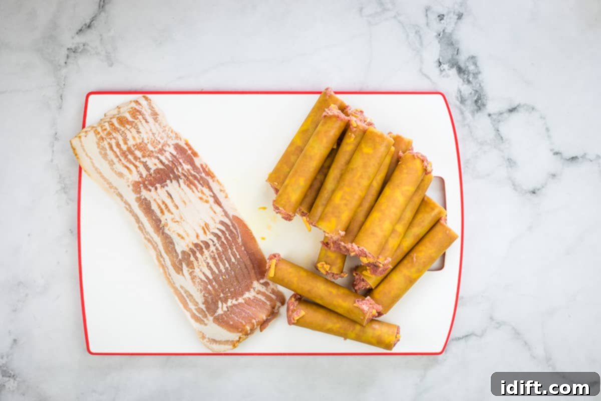 Stuffed shotgun shells next to bacon slices, ready for wrapping.