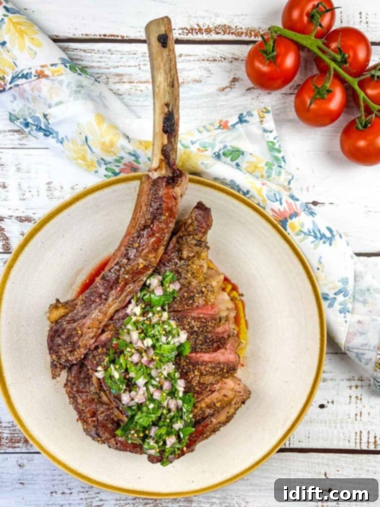 smoked tomahawk steak on a plate