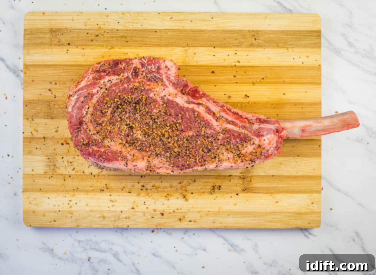 seasoned tomahawk steak on a cutting board