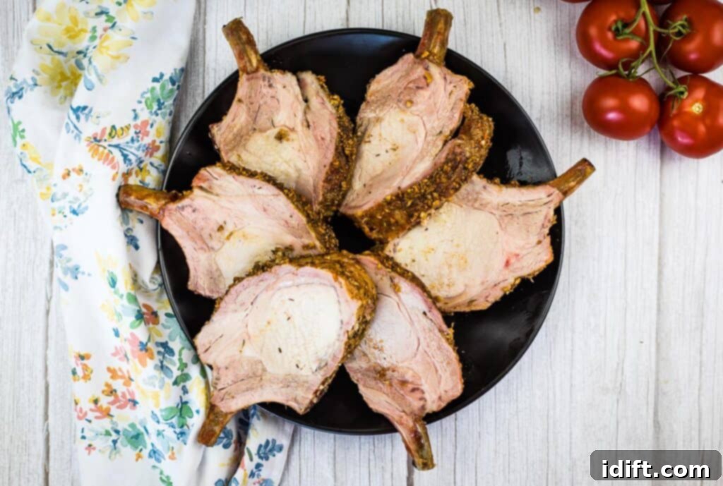 Slow-Smoked Pork Rack 4 smoked rack of pork fanned out on a black platter, ready to be served