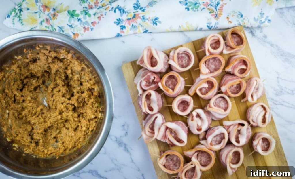 bacon wrapped pork shots being assembled, showing how to create a bowl for the filling