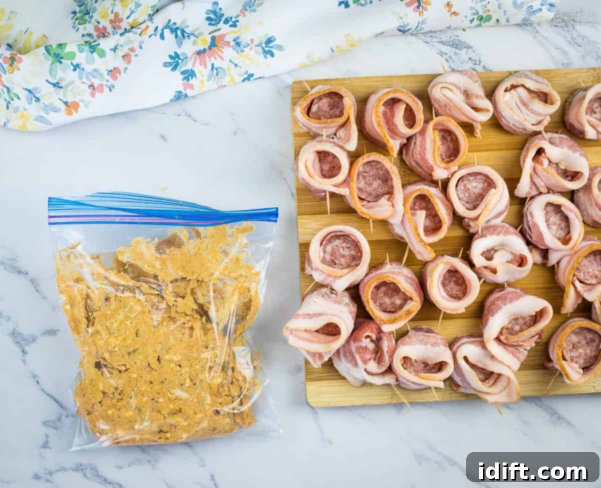 bacon wrapped sausage on a cutting board with the cream cheese filling in a piping bag