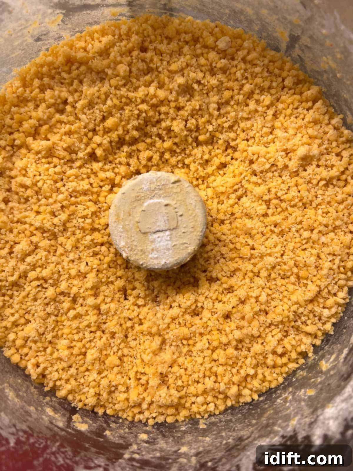 Flour added to the butter and cheese mixture in a food processor, before being fully combined.