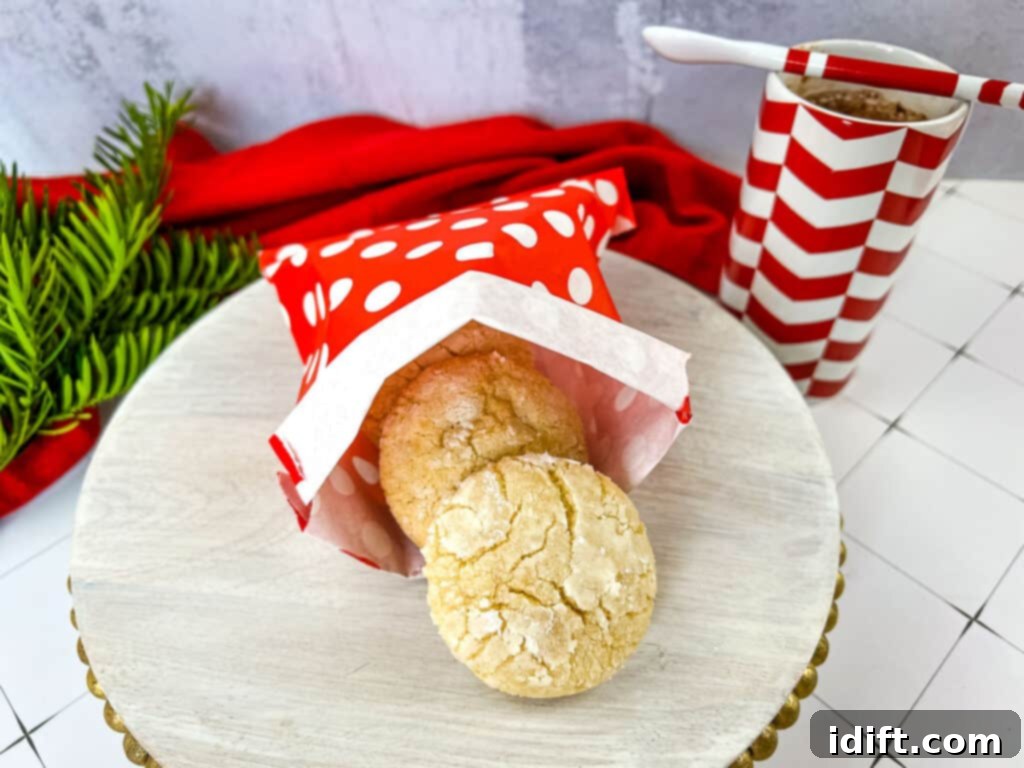 white chocolate crinkle cookies in a red bag