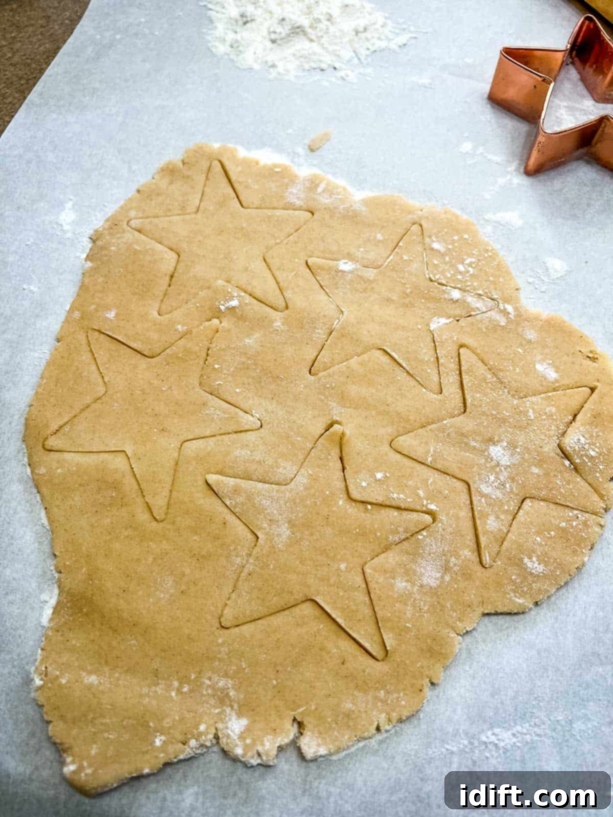 rolled eggnog sugar cookie dough with various cutouts on parchment paper