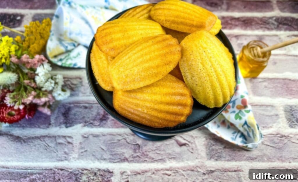 honey butter cornbread madeleines on a black pedestal