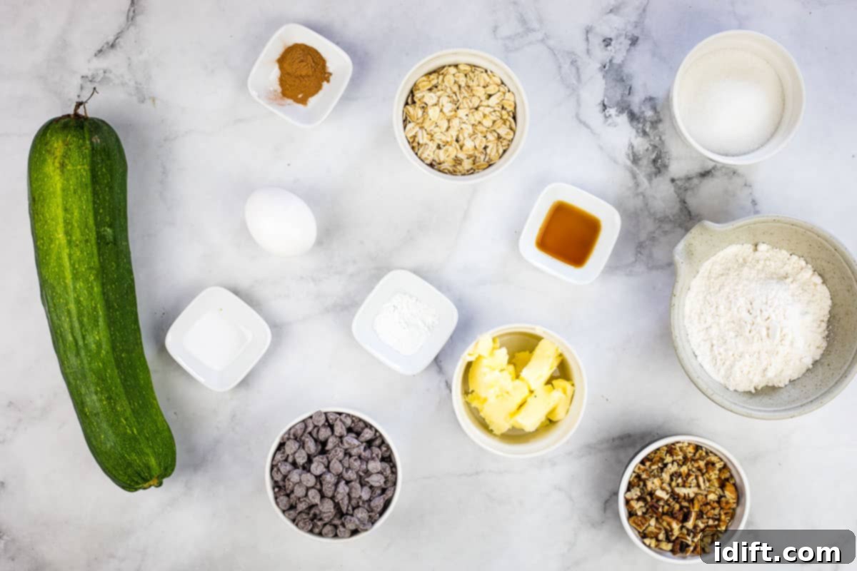 A collection of fresh ingredients for Zucchini Cookies with Chocolate Chips and Pecans, perfectly arranged.