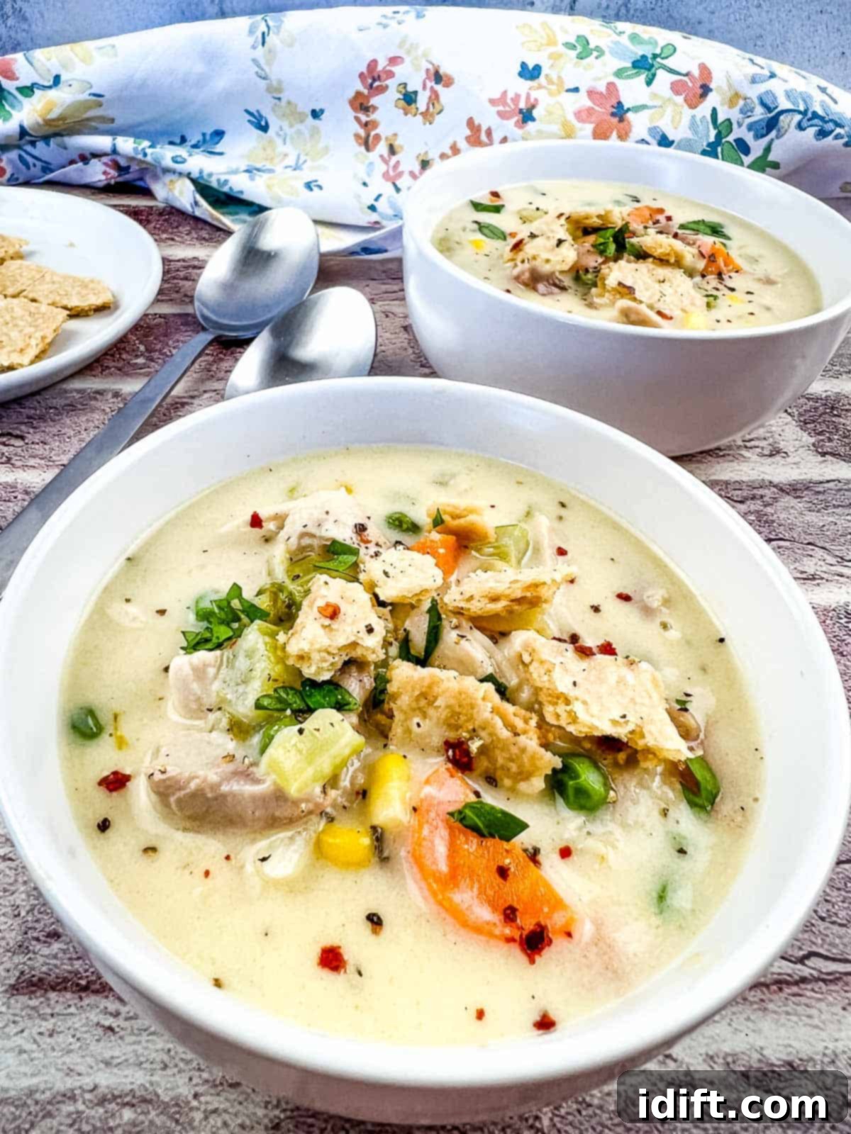 Two bowls of creamy Turkey Pot Pie Soup, garnished with fresh herbs and a pastry topping.