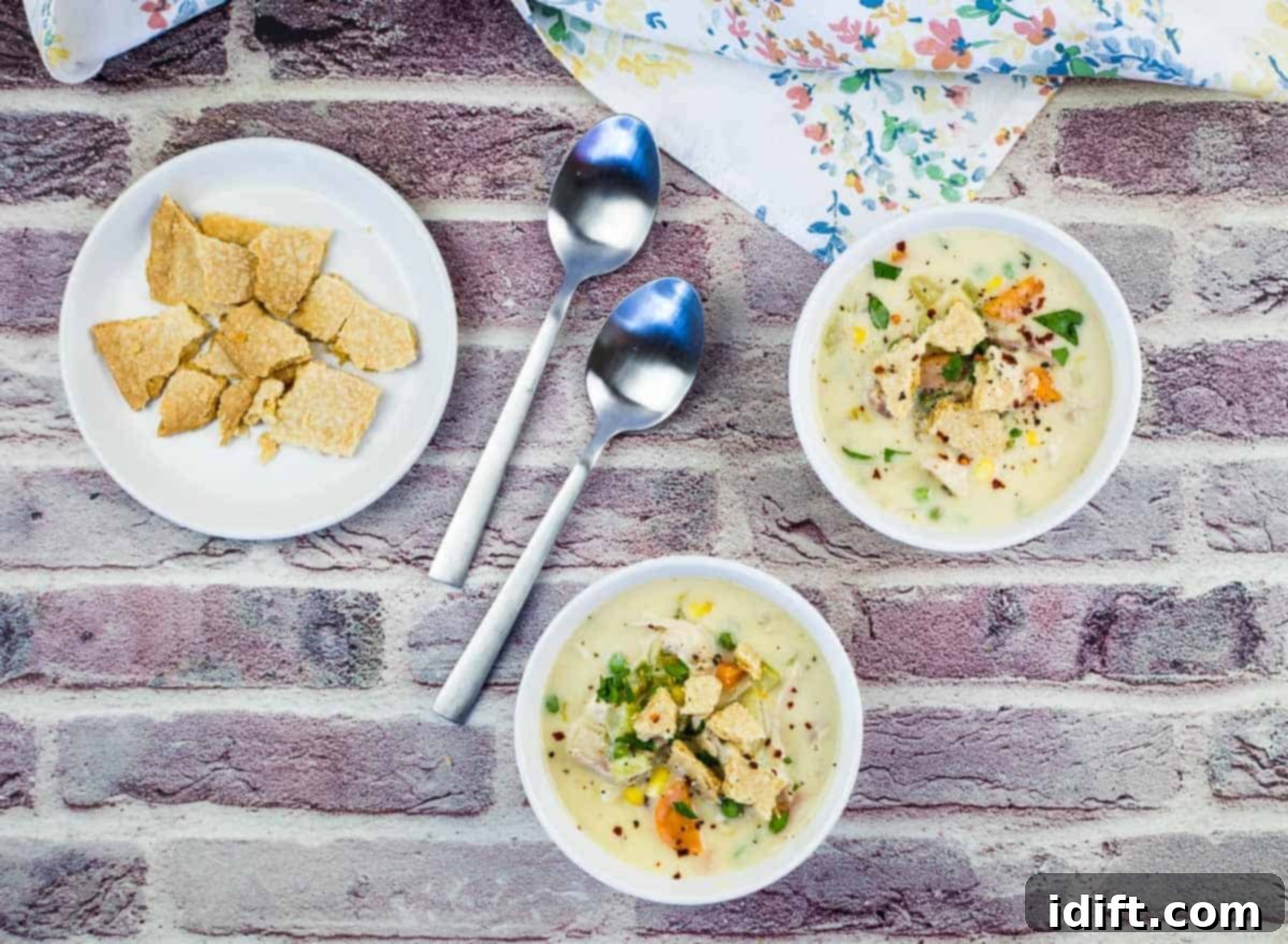 A bowl of finished Turkey Pot Pie Soup, ready to be enjoyed.