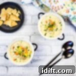 Turkey Pot Pie Soup in two soup bowls with spoons.