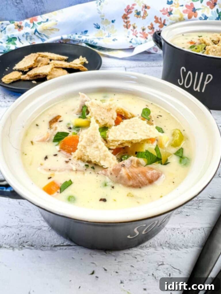 A close-up of creamy Turkey Pot Pie Soup garnished with parsley in a deep black bowl.